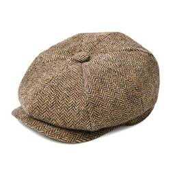 BOTVELA Herren 8 Panel Wollmischung Newsboy Flat Cap Fischgrätenmuster Tweed Hut, Fischgrätenmuster, helles Khaki, 61 EU von BOTVELA