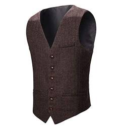 BOTVELA Herren Slim Fit Fischgräten-Tweed Weste Full Back Wollmischung Anzugweste Gr. M, coffee von BOTVELA