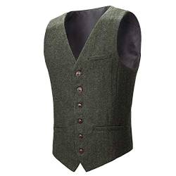 BOTVELA Herren Slim Fit Fischgräten-Tweed Weste Full Back Wollmischung Anzugweste Gr. XXXL, armee-grün von BOTVELA