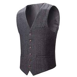 BOTVELA Herren Slim Fit Fischgrätenweste Tweed Weste Full Back Wollmischung Anzugweste, dunkelgrau, L von BOTVELA