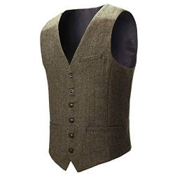 BOTVELA Herren Slim Fit Fischgrätenweste Tweed Weste Full Back Wollmischung Anzugweste, khaki, L von BOTVELA