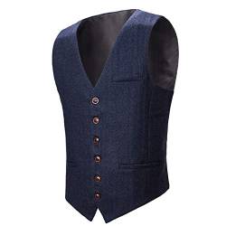 BOTVELA Herren Slim Fit Fischgrätenweste Tweed Weste Full Back Wollmischung Anzugweste, navy, S von BOTVELA