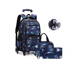 BOUACOUA Trolley Rucksäcke Jungen Schultaschen, Grundschule Trolley Rucksack mit Lunch Tasche Federmäppchen 3-teiliges Schultaschen-Sets für Kinder (Galaxy Dunkelblau) von BOUACOUA