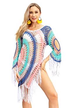 BOUTIKS Damen Bikini Cover Up Bohemian Stil Handgemachte Häkel Mini Strandkleid mit Fransen Hohlmuster, Sommerliche Ausgehöhlte Strand Quasten Vertuschung, Bunt von BOUTIKS