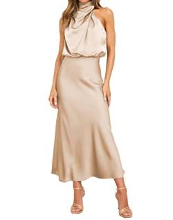 BOUTIKS Damen Satin Cocktail Party Kleid Ärmellos Neckholder Elegant Lang Schlank Abendkleider von BOUTIKS