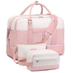 BOVIP Weekender Bag mit Schuhfach, Übernachtungstasche, Segeltuch, Reisetasche, Tragetasche für Damen und Herren, 3-teiliges Set, A8-Pink Set, Reisetasche von BOVIP