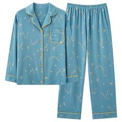 BOXIFA Baumwolle Button-up Pyjama Set Zweiteilige Pyjama-Sets Button Down Nachtwäsche Loungewear Damen Pyjama Damen Pyjama Set (XL, Blau) von BOXIFA