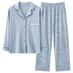 BOXIFA Baumwolle Button-up Pyjama Set Zweiteilige Pyjama-Sets Button Down Nachtwäsche Loungewear Damen Pyjama Damen Pyjama Set (XL, Hellblau) von BOXIFA