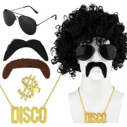 5 Teiliges 70er 80er Disco Perücken Kostüm Set, Disco Party Kostüm Zubehör Disco Perücke Sonnenbrille Halskette Ring Bart Disco Zubehör Party von BOXOB