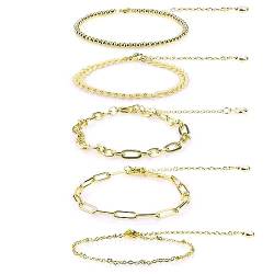 BOXOB 5St Goldarmbänder für Frauen, 14K Verstellbare Vergoldete Gliederarmbänder Damen Kettenarmbänder Set Armband Schmuck für Frauen Handgelenk Fußkettchen, 5 Stile (Gold) von BOXOB