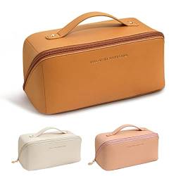 BOXTOHEART Tragbare Make-up-Tasche, große Kapazität, Reise-Kosmetiktasche, PU-Leder, doppellagig, wasserdicht, tragbar, Braun, Tragbare Reise-Make-up-Tasche von BOXTOHEART