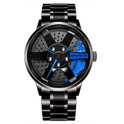 Auto-Rad-Uhr, Edelstahl-Uhr mit japanischem Quarz-Uhrwerk, wasserdichte Sport-Armbanduhr mit Autofelgen-Design für Herren/Auto-Enthusiast, blau, Quarz-Uhrwerk von BOYADKA