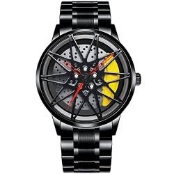 BOYADKA Auto-Rad-Uhren für Herren, wasserdichte Edelstahl-Armbanduhr, japanische Quarz-Armbanduhr, Sport-Herren-Uhren mit Auto-Felgen-Design für Männer/Auto-Enthusiasten, gelb von BOYADKA
