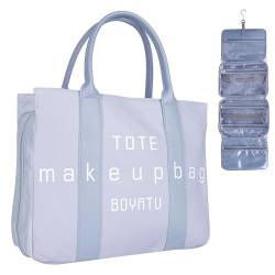 BOYATU Reise-Kulturbeutel zum Aufhängen, extra große Kapazität, Make-up-Kosmetik-Organizer-Tasche für Frauen, wasserabweisender Reise-Organizer für Toilettenartikel, voller Behälter, Grau, Blau von BOYATU