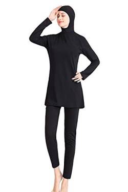 BOZEVON Muslimische Badebekleidung - Frauen Bescheiden Badeanzug Islamic Hijab Full Cover Zweiteiler Bademode Burkini, Reines Schwarz, EU L=Tag XL von BOZEVON