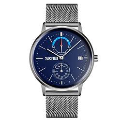 Herren-Armbanduhr, modisch, wasserdicht, Quarz, analoge Uhr, Businesskleid, Armbanduhr für Herren mit Edelstahl-Netzband II-Silber-Blau von BOZLUN