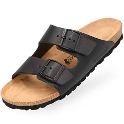 BOnova Schwanberg Echtleder Herren Pantolette in schwarz, Größe 48. Bequeme Hausschuhe aus Echtleder mit Kork-Fußbett - Sandalen hergestellt in der EU von BOnova