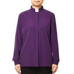 BPURB Damen Klerus Priesterhemd Bluse mit Tab Kollar Kragen Pfarrer Langarm Baumwollmischung Regular Fit Oberteil Arbeithemden von BPURB