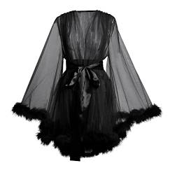 BPURB Damen Sexy Illusion Transparent Spitze Morgenmantel Tüll Feder Robe Schwangerschafts Umstands Fotoshooting Hochzeitskleid Party Bademantel mit Gürtel, Schwarz, XL von BPURB