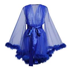 BPURB Damen Sexy Illusion Transparent Spitze Morgenmantel Tüll Feder Robe Schwangerschafts Umstands Fotoshooting Hochzeitskleid Party Bademantel mit Gürtel, blau, XL von BPURB