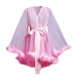 BPURB Damen Sexy Illusion Transparent Spitze Morgenmantel Tüll Feder Robe Schwangerschafts Umstands Fotoshooting Hochzeitskleid Party Bademantel mit Gürtel, rose, M von BPURB