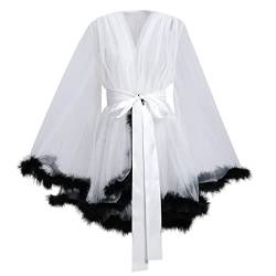 BPURB Damen Sexy Illusion Transparent Spitze Morgenmantel Tüll Feder Robe Schwangerschafts Umstands Fotoshooting Hochzeitskleid Party Bademantel mit Gürtel, weiß, M von BPURB