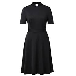 BPURB Kirche Damen Klerus Kleid Elegant Kurzarm A-Line Priester Midikleid mit Tab Kollar, Schwarz, Medium von BPURB