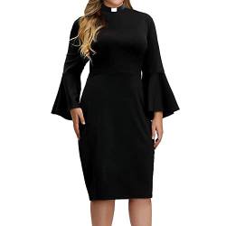 BPURB Kirchen Kleid für Damen Übergröße Rüschen Glockenärmel Langarm Klerus Elegantes Midikleid Bodycon Bleistiftkleider, Schwarz, 4X-Large von BPURB