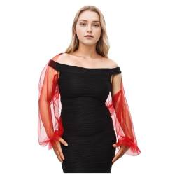 Damen Bolero Langarm Puffärmel Open Front Transparente Tüll Bolerojacke Strickjacke Festlich Hochzeit Cardigan Schulterjacke für Brautkleider Party,Rot,M von BPURB