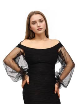 Damen Bolero Langarm Puffärmel Open Front Transparente Tüll Bolerojacke Strickjacke Festlich Hochzeit Cardigan Schulterjacke für Brautkleider Party,Schwarz,M von BPURB