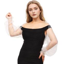 Damen Bolero Langarm Puffärmel Open Front Transparente Tüll Bolerojacke Strickjacke Festlich Hochzeit Cardigan Schulterjacke für Brautkleider Party,Weiß,M von BPURB