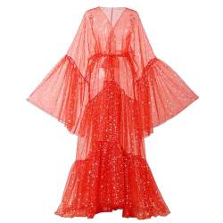 Damen Drag Queen Organza Glockenärmel Bademantel Morgenmantel Umstandskleid Fotoshooting Kimono Cardigan Bikini Cover Up(XX-Large, Rot) von BPURB