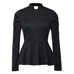 Damen Elegantes Klerus Priesterhemd Slim Fit Langarm Rüschensaum Minister Bluse Lässige Oberteile Arbeit Einfarbig Hemden Schwarz von BPURB