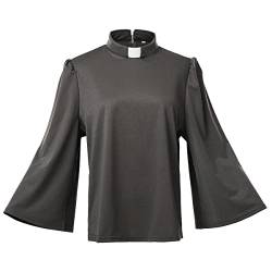 Damen Priesterhemd Bluse mit Tab Kragen Elegant Stehkragen Swing Langarm Locker Lässige Oberteile Hemdbluse Arbeit Einfarbig Langarmshirt, grau, Large von BPURB