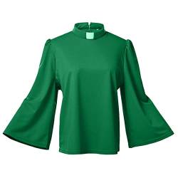 Damen Priesterhemd Bluse mit Tab Kragen Elegant Stehkragen Swing Langarm Locker Lässige Oberteile Hemdbluse Arbeit Einfarbig Langarmshirt, grün, Large von BPURB