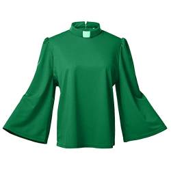 Damen Priesterhemd Bluse mit Tab Kragen Elegant Stehkragen Swing Langarm Locker Lässige Oberteile Hemdbluse Arbeit Einfarbig Langarmshirt, grün, X-Large von BPURB