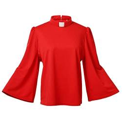 Damen Priesterhemd Bluse mit Tab Kragen Elegant Stehkragen Swing Langarm Locker Lässige Oberteile Hemdbluse Arbeit Einfarbig Langarmshirt, rot, M von BPURB