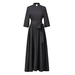 Kirche Damenkleid elegant Audrey Hepburn-Stil Maxi-Kleid 3/4-Ärmel Swing-Maxikleid mit Kragen und Gürtel, Schwarz, L von BPURB