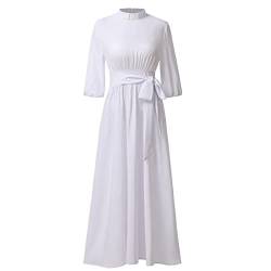 Kirche Kleid für Damen Elegantes Audrey Hepburn Stil Vintage Kleid 3/4 Puff Ärmel Swing Maxikleid mit Tab Kollar Kragen und Gürtel, weiß, X-Small von BPURB