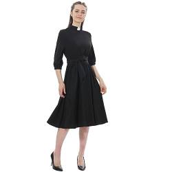 Kirchenkleider für Damen, Vintage-Stil, Audrey Hepburn-Stil, mit Schlaufenkragen, Swing-Midikleid, 3/4-Ärmel, mit langem Gürtel, Schwarz, XX-Large von BPURB