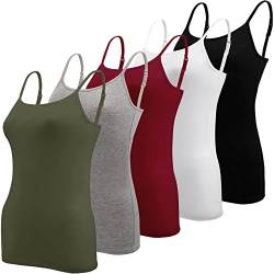 BQTQ 5 Stück Unterhemd Damen Spaghetti Top Spaghettiträger Tank Top mit Verstellbarer Strap Basic Cami Tank Top für Frauen und Mädchen, Schwarz, Weiß, Grau, Dunkelrot, Armeegrün, XXL von BQTQ