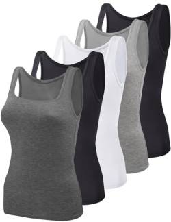 BQTQ 5 Stück Unterhemd Damen Tank Top mit Quadratischem Ausschnitt, Elastische Tank Tops Camisole Crop Top Stretch Untershirt Ärmellos, Schwarz, Weiß, Grau, Dunkelgrau, L von BQTQ