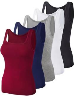 BQTQ 5 Stück Unterhemd Damen Tank Top mit Quadratischem Ausschnitt, Elastische Tank Tops Camisole Crop Top Stretch Untershirt Ärmellos, Schwarz, Weiß, Grau, Dunkelrot, Marineblau, L von BQTQ