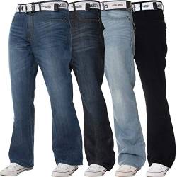 BRAND KRUZE für Herren Schlag Jeans aus 100% Baumwolle mit ausgestelltem weitem Bein, Gürtel, Reißverschluss 30W / 34L Dunkles Stonewash von BRAND KRUZE