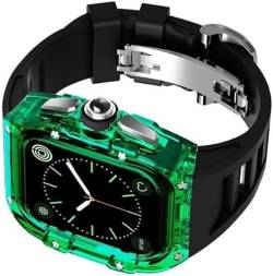 BRART Transparentes Uhrengehäuse, Gummiband, für Apple Watch 8/7/6/5/4/SE, 45 mm, 44 mm, kristallharter PC-Uhrenbezug, Fluorkautschuk-Armband mit Edelstahlverschluss, Mod Kit Uhrenzubehör, FOR 44MM, von BRART