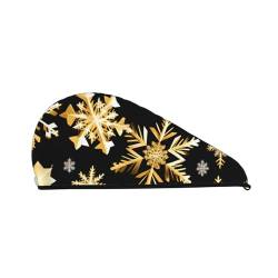 Golden Christmas Snowflakes Coral Velvet Absorbent Hair Dryer Cap, Soft Shower Cap Turban, Quick Dry Hair Cap With Buttons von BREAUX