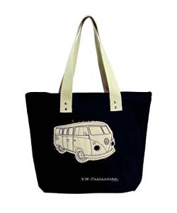 BRISA VW Collection - Volkswagen Wiederverwendbare Canvas-Einkaufs-Tüte-Strand-Tasche mit T1 Bulli Bus Motiv (Silhouette/Schwarz) von BRISA