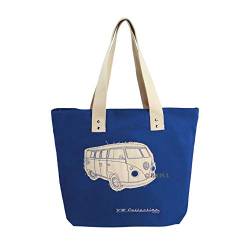 BRISA VW Collection - Volkswagen Wiederverwendbare Canvas-Einkaufs-Tüte-Strand-Tasche mit T1 Bulli Bus Motive (Silhouette/Blau) von BRISA