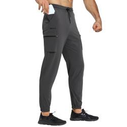 BROKIG Dünn Fitnessstudio Cargohose Sporthose Casual Cargo Hose Herren Freizeithose Elastische Taille mit Kordelzug Trainingshose Herren (Dunkelgrau,L) von BROKIG