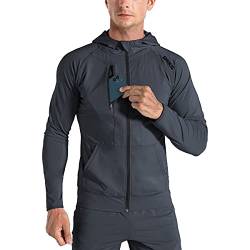 BROKIG Leichte Hoodie Herren,Schnelltrocknende Laufjacke Atmungsaktives Kapuzenpullover Trainingsjacke mit Reißverschluss(Dunkelgrau,L) von BROKIG